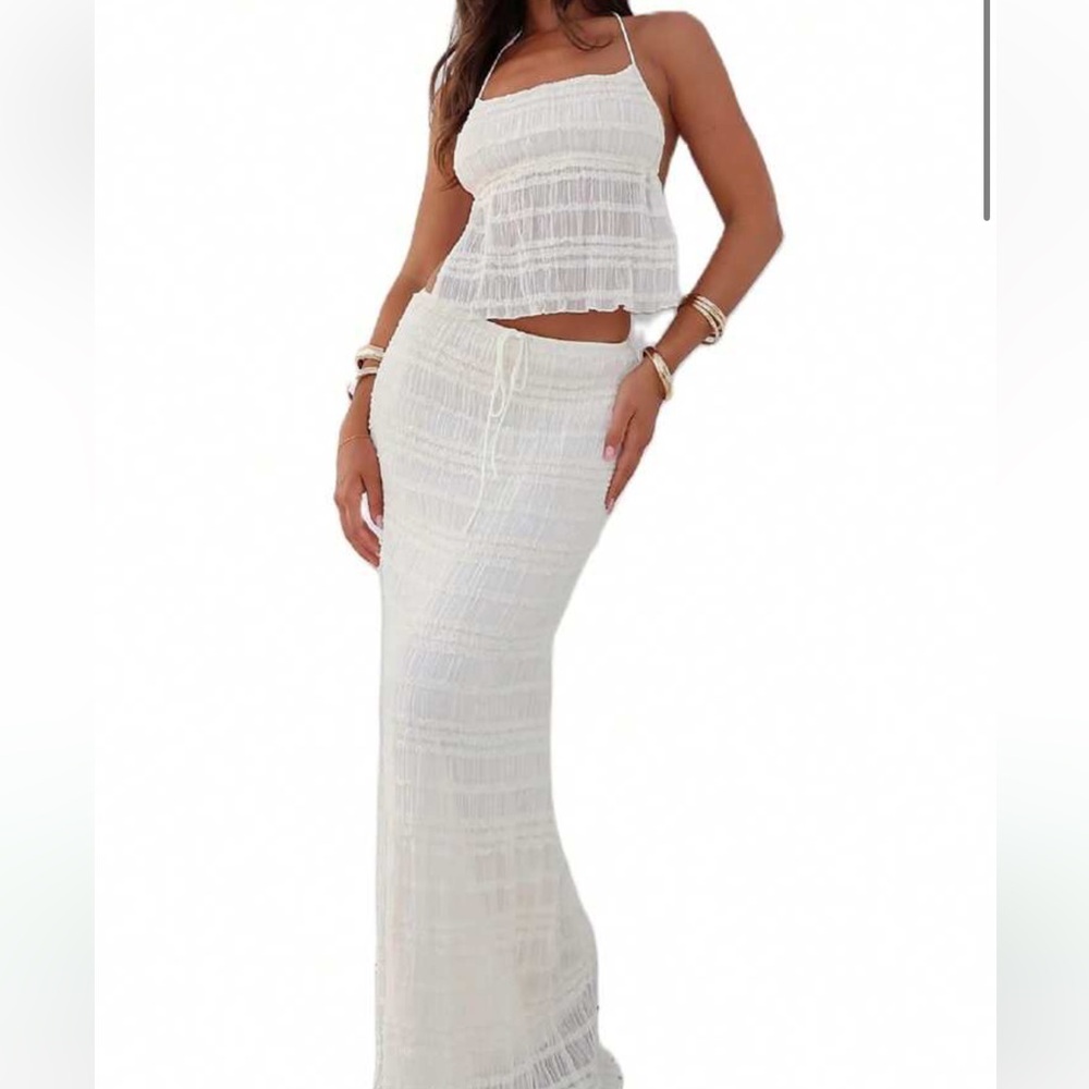 Two piece white long maxi skirt set